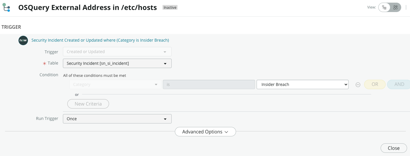 /etc/hosts ファイル内の外部アドレスの OSquery プレイブックのトリガー条件