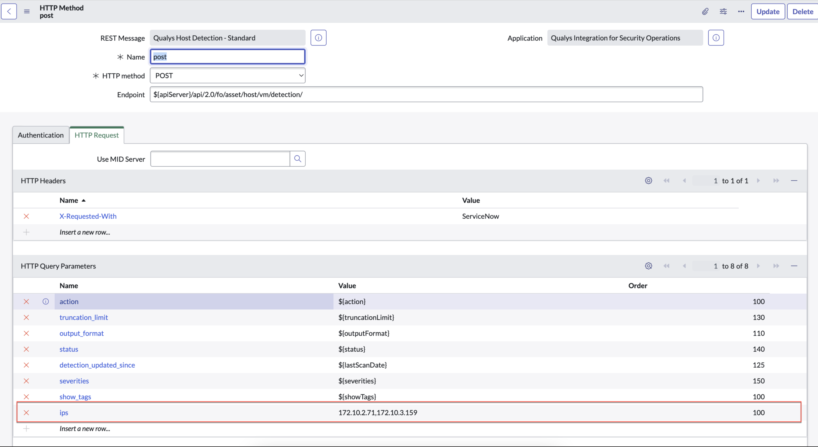 IP アドレス範囲が入力された Qualys HTTP メソッドレコードのコンテンツフィールド