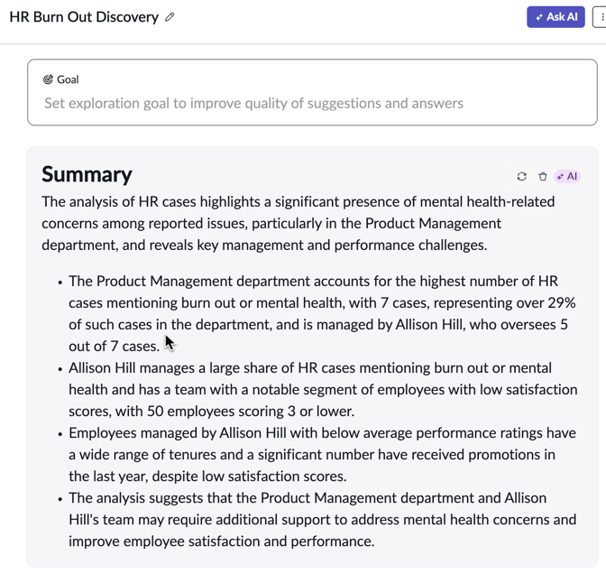 Summary of exploration of mental health-related HR cases, exposing Product Management as an area of special concern.