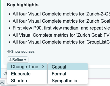 Options in the Refine menu: Change Tone > Casual | Formal | Sympathetic, Elaborate, Shorten
