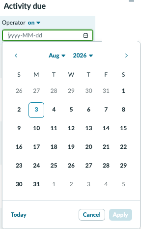Filtering the Activity due field by the date due ("on" operator).