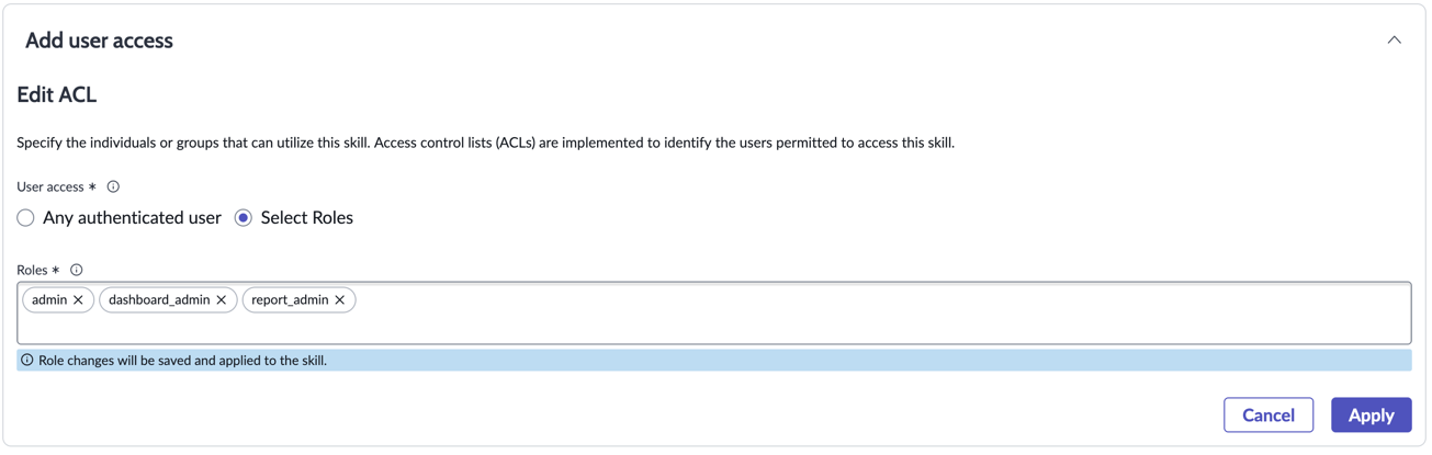 Options to edit user access for dashboard summarization. Select roles chosen with three roles added to the list.