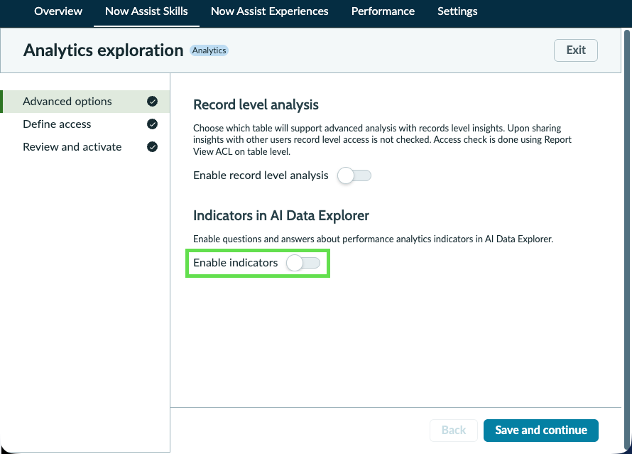 The Enable Indicators toggle for the analytics exploration skill.