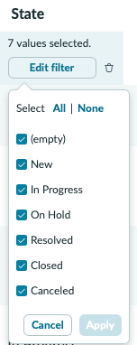 Filtering by values of the State field.