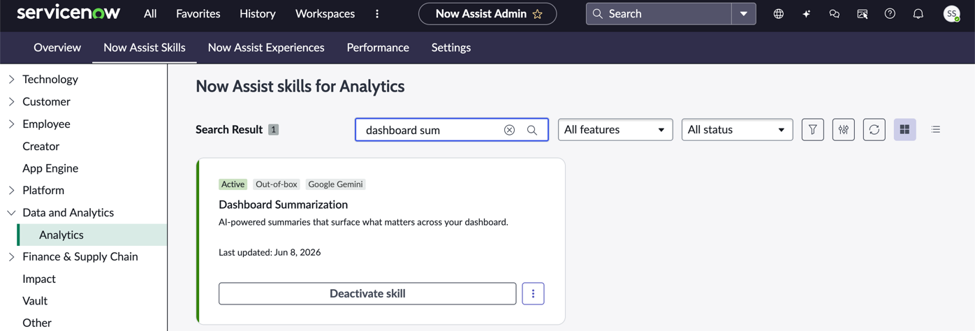 Now Assist Skills tab of Now Assist admin console, showing the skill for Now Assist Dashboard Summarization under Analytics.
