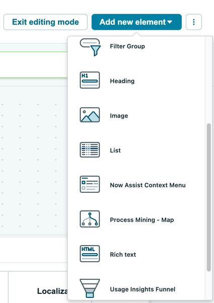 Add new element menu showing filter group, heading, image, list, Now Assist Context Menu, Process Mining Map, Rich text, and Usage Insights Funnel. Not shown: Data visualization, divider, Filter, Workbench