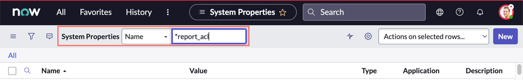 System properties list header with Name filter option *report_acl entered