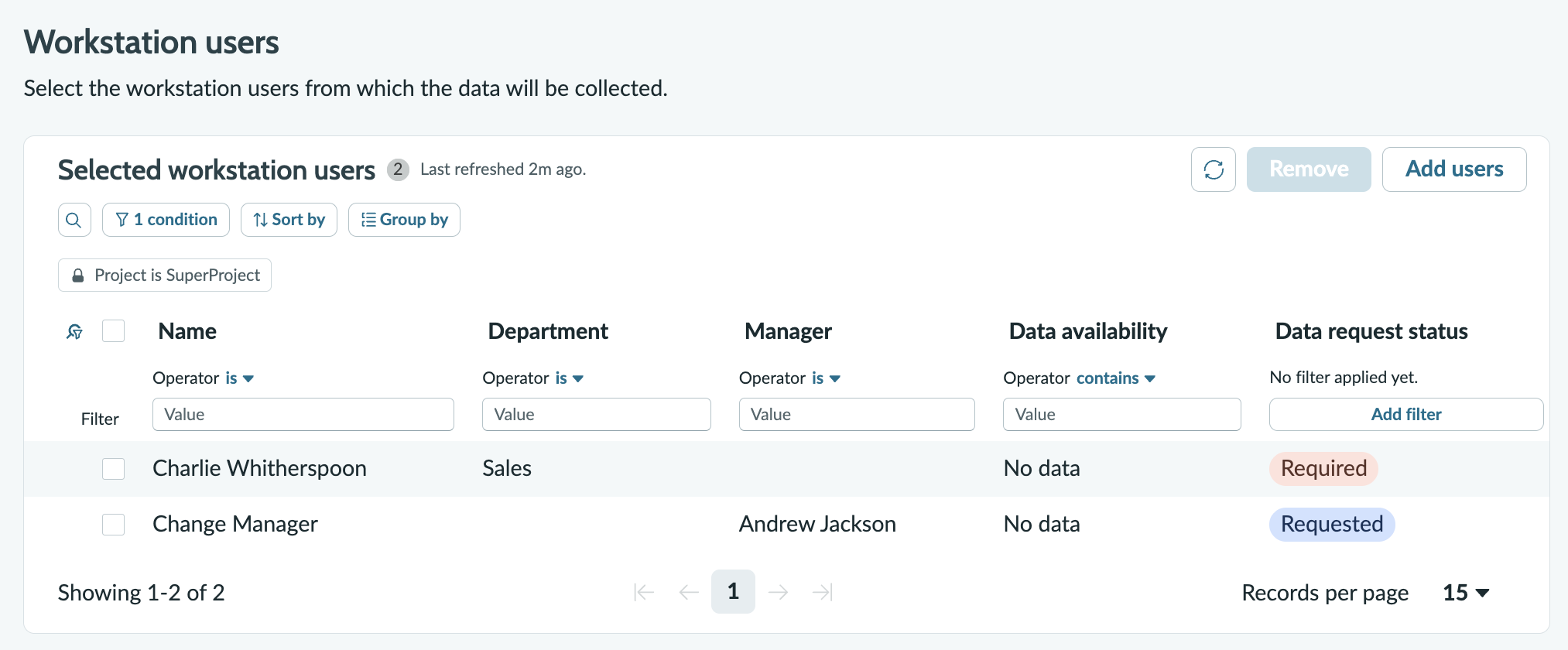 Screenshot showing the workstation users interface.