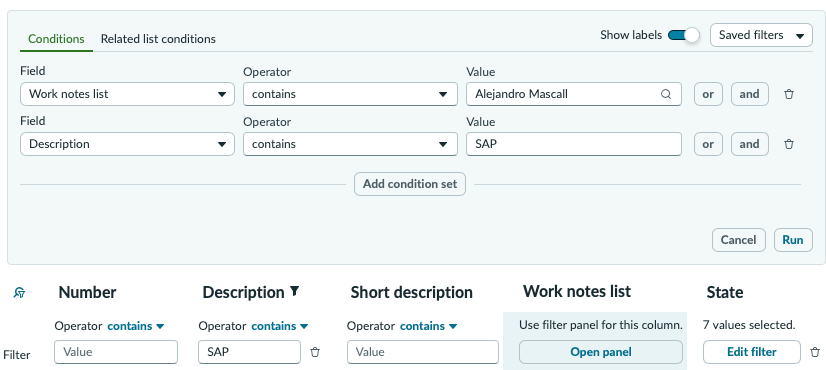 Panel opened for the Work notes list field, showing conditions for the Work notes list and Description fields.