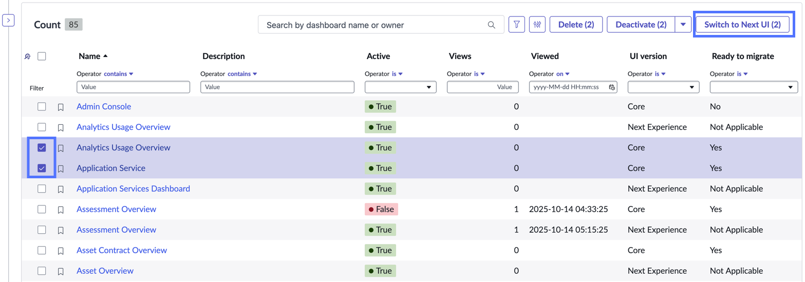 Dashboard library with two Core UI dashboards that are ready to migrate selected and the Switch to Next UI button highlighted