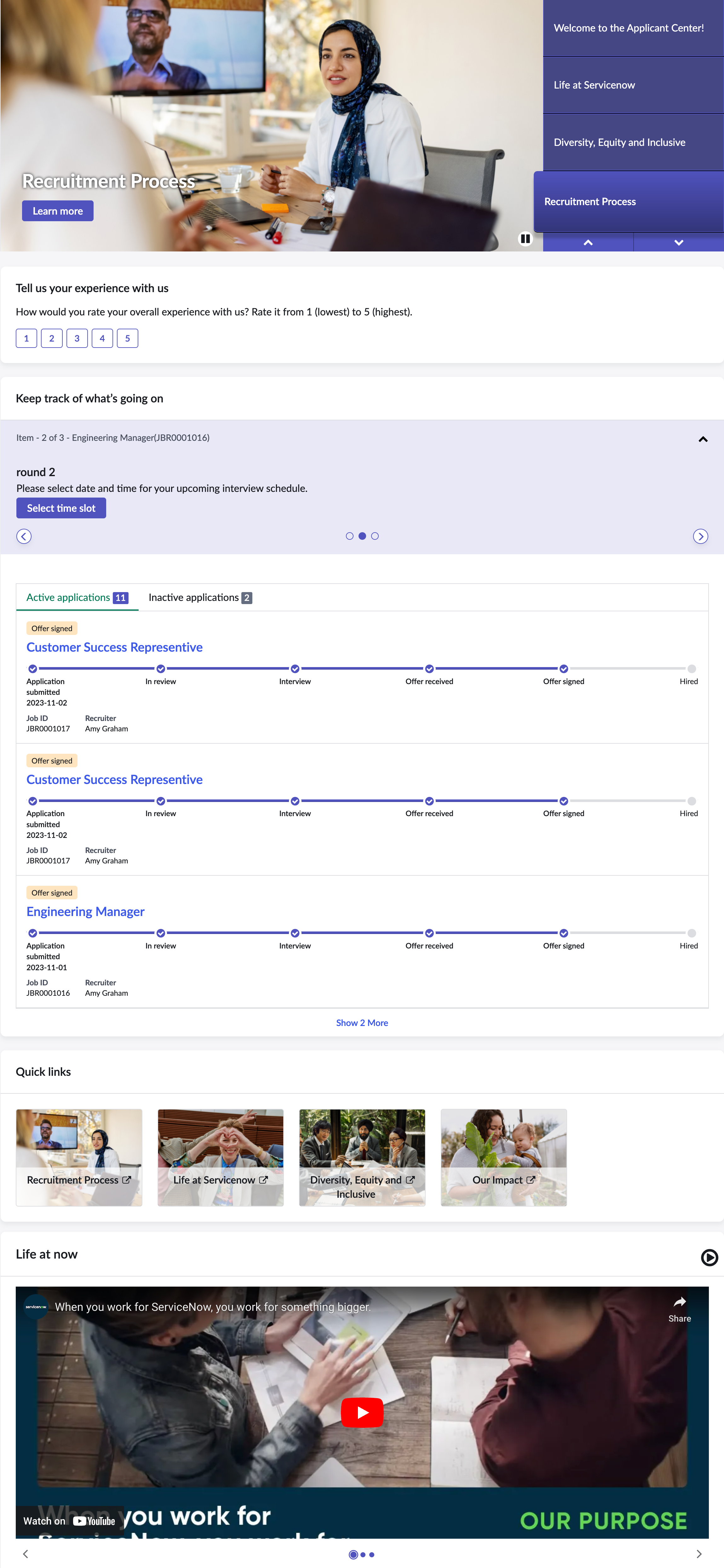 Page d’accueil du centre des candidats avec des applications actives et inactives, des liens rapides et du contenu ciblé dans les expériences de contenu.