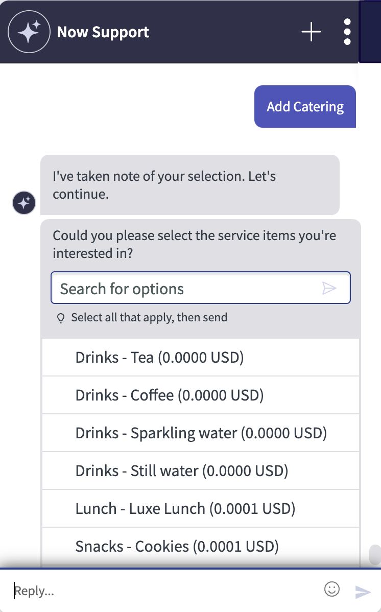 Now Assist dans Agent virtuel affichant les options de menu des services de restauration.