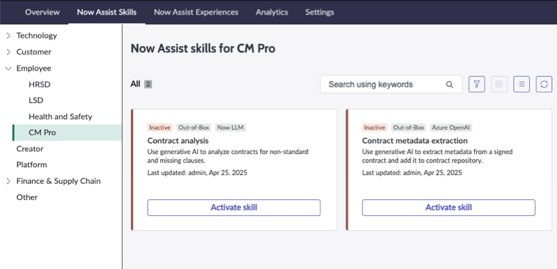 Now Assist compétences disponibles pour Gestion des contrats Pro.