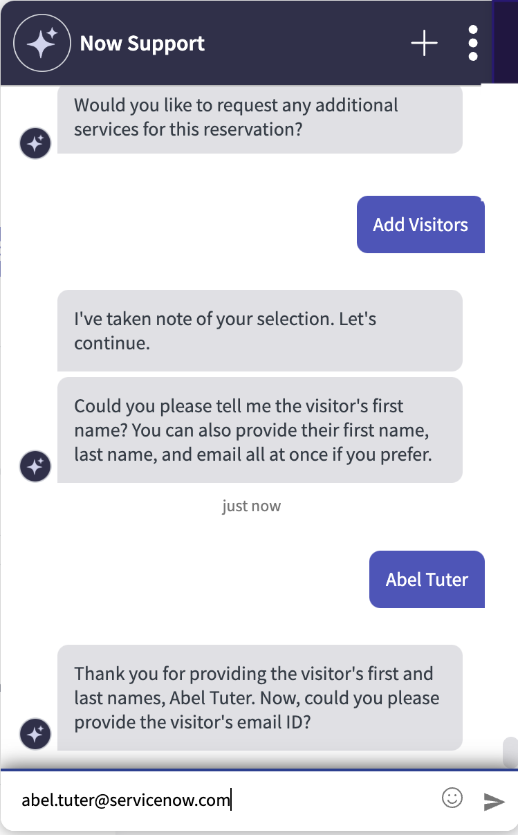 ID d’e-mail de visiteur fourni par l’employé dans Now Assist dans Agent virtuel.