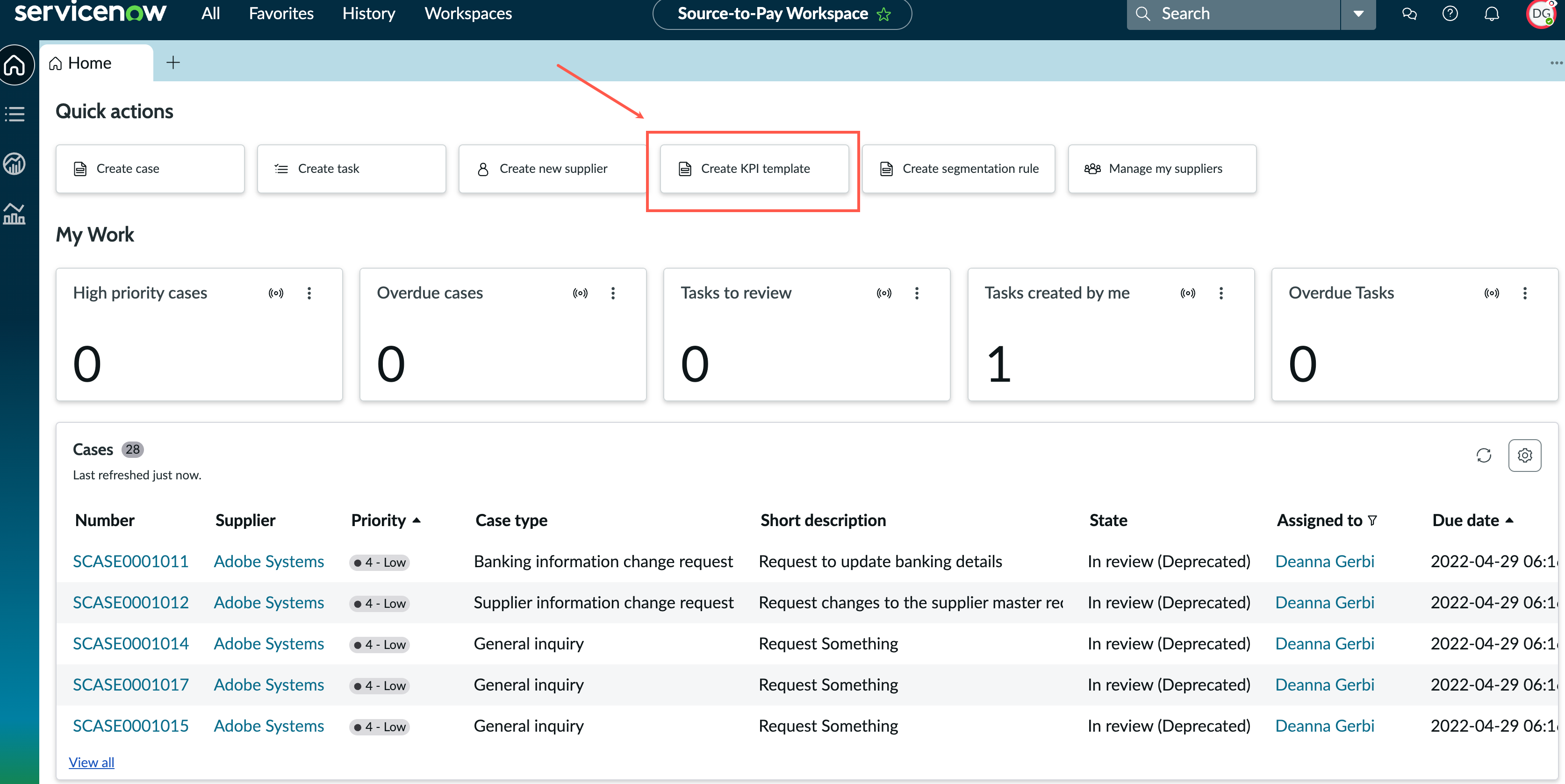 Selected Create KPI template option under Quick actions.