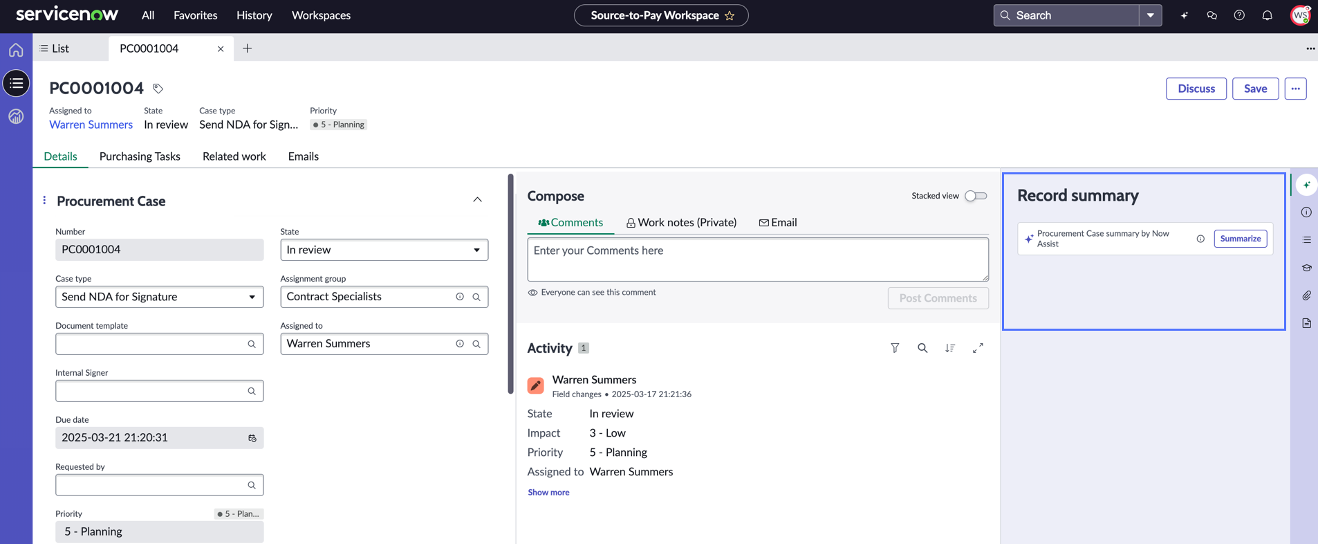 Summarize option that appears at the top of the record in Source-to-Pay Workspace.