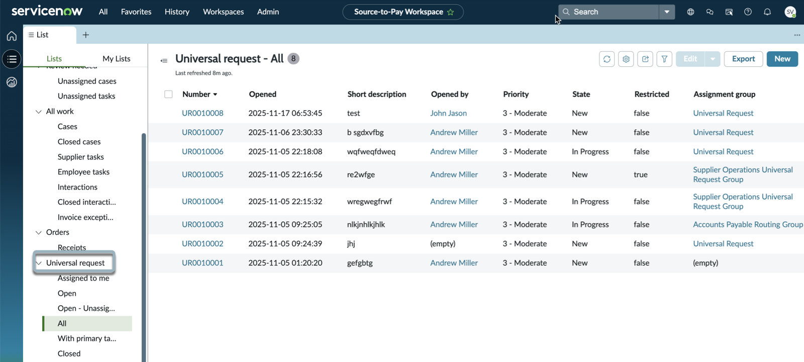 Universal Request List view