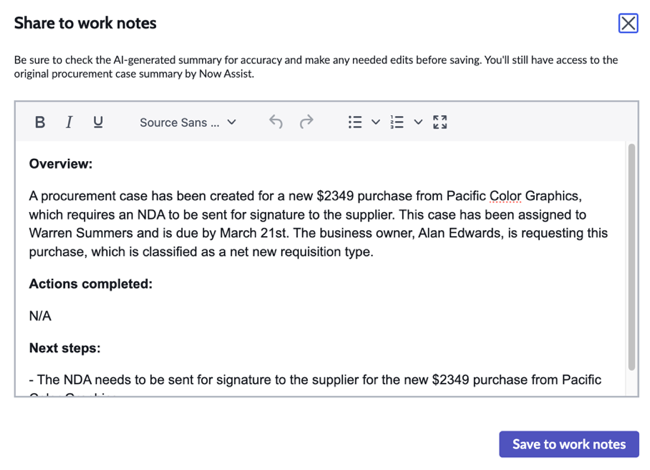 Save work notes for procurement record summarization.