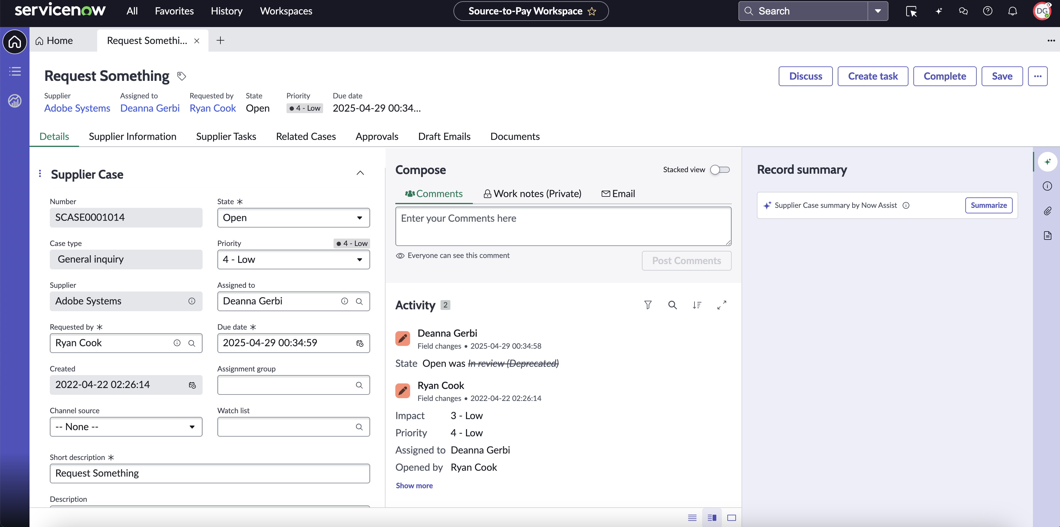 Summarize option in the Source-to-Pay Workspace.