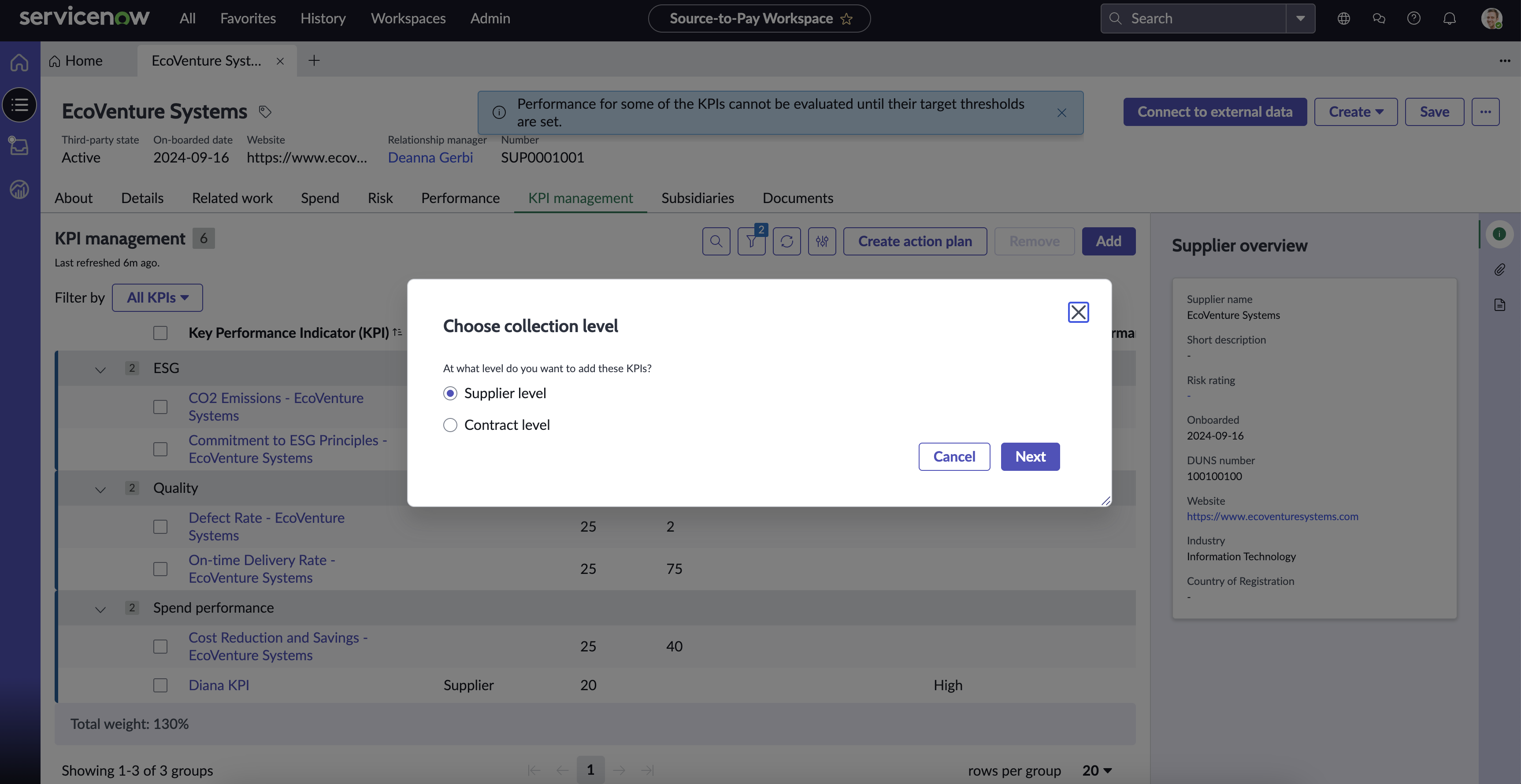 Select collection level dialog box