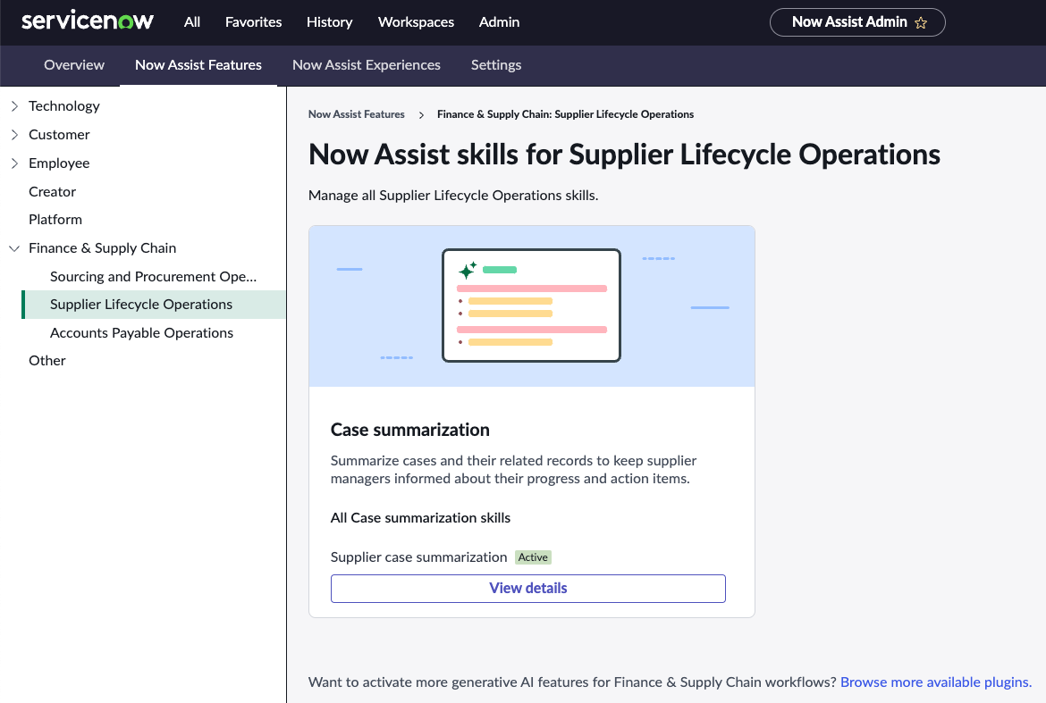 Now Assist skills for SLO section, showing the Case summarization feature card.