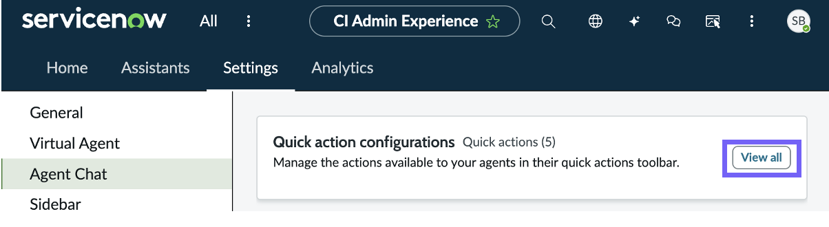 View the quick action configurations