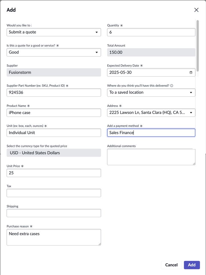 Requesting for a new supplier product when adding a new purchase line.