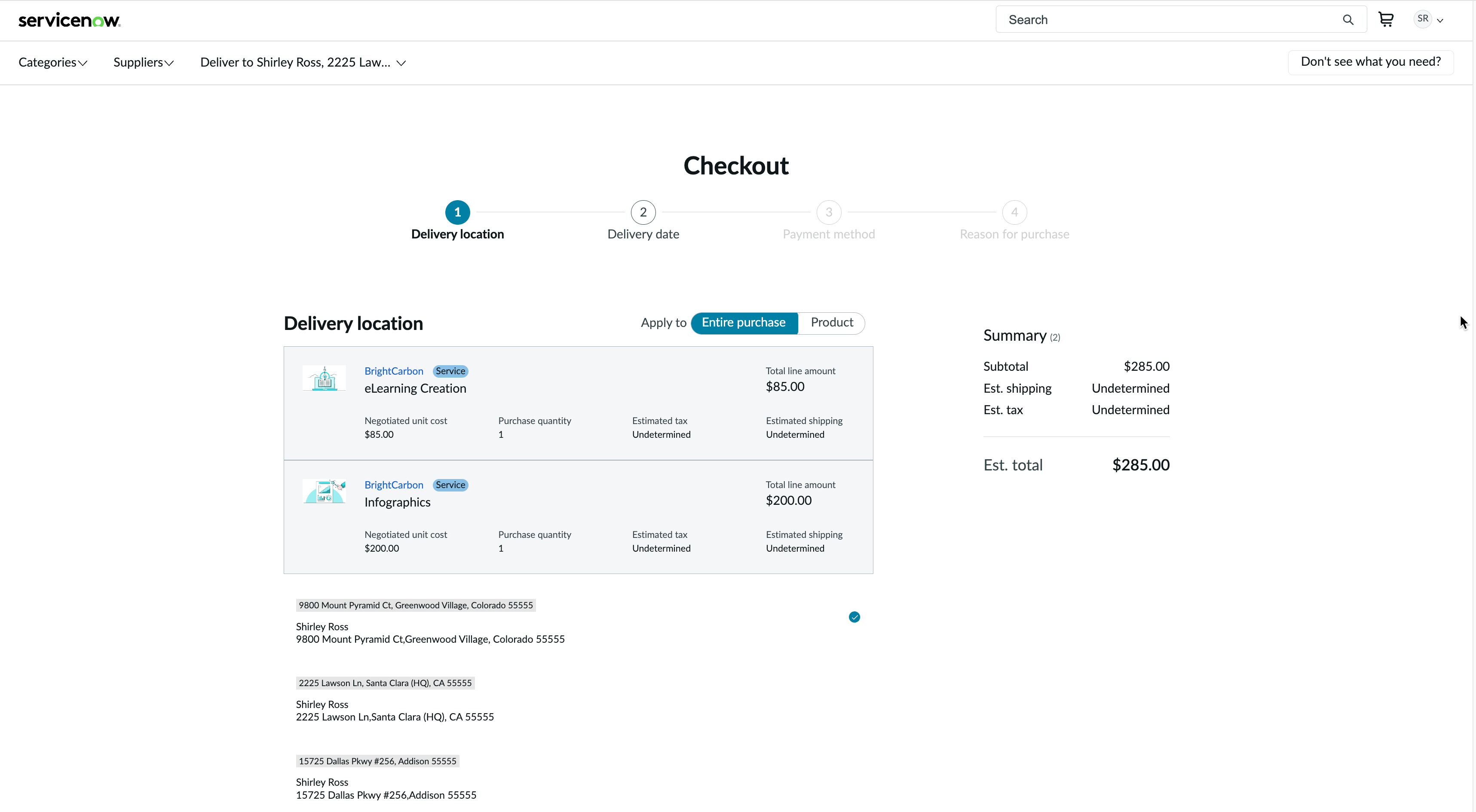 Checkout page after adding and reviewing goods in the Shopping cart.