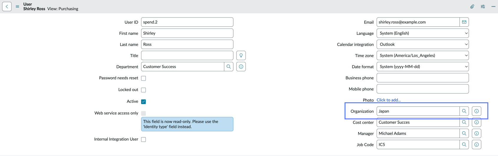 Organization field for a user.