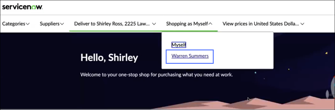 Shopping Hub interface showing "Shopping as" drop-down with Warren Summers selected