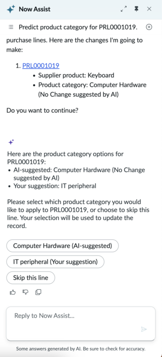 Suggested options to update product category through Now Assist panel.