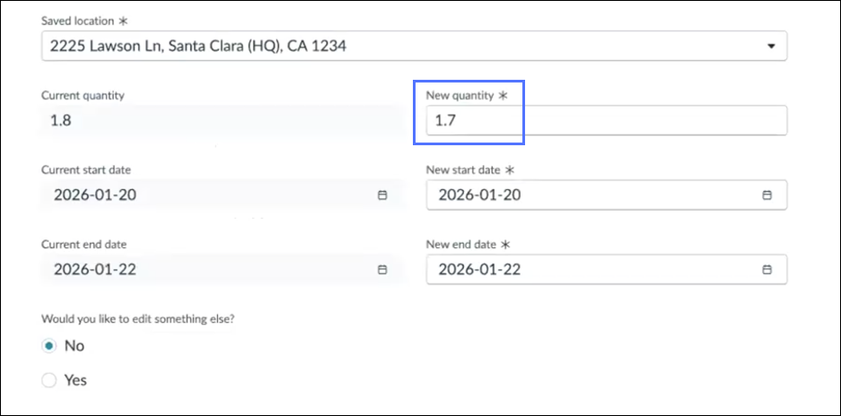 Edit form for product type Service showing decimal quantity 1.7 in the New quantity field.