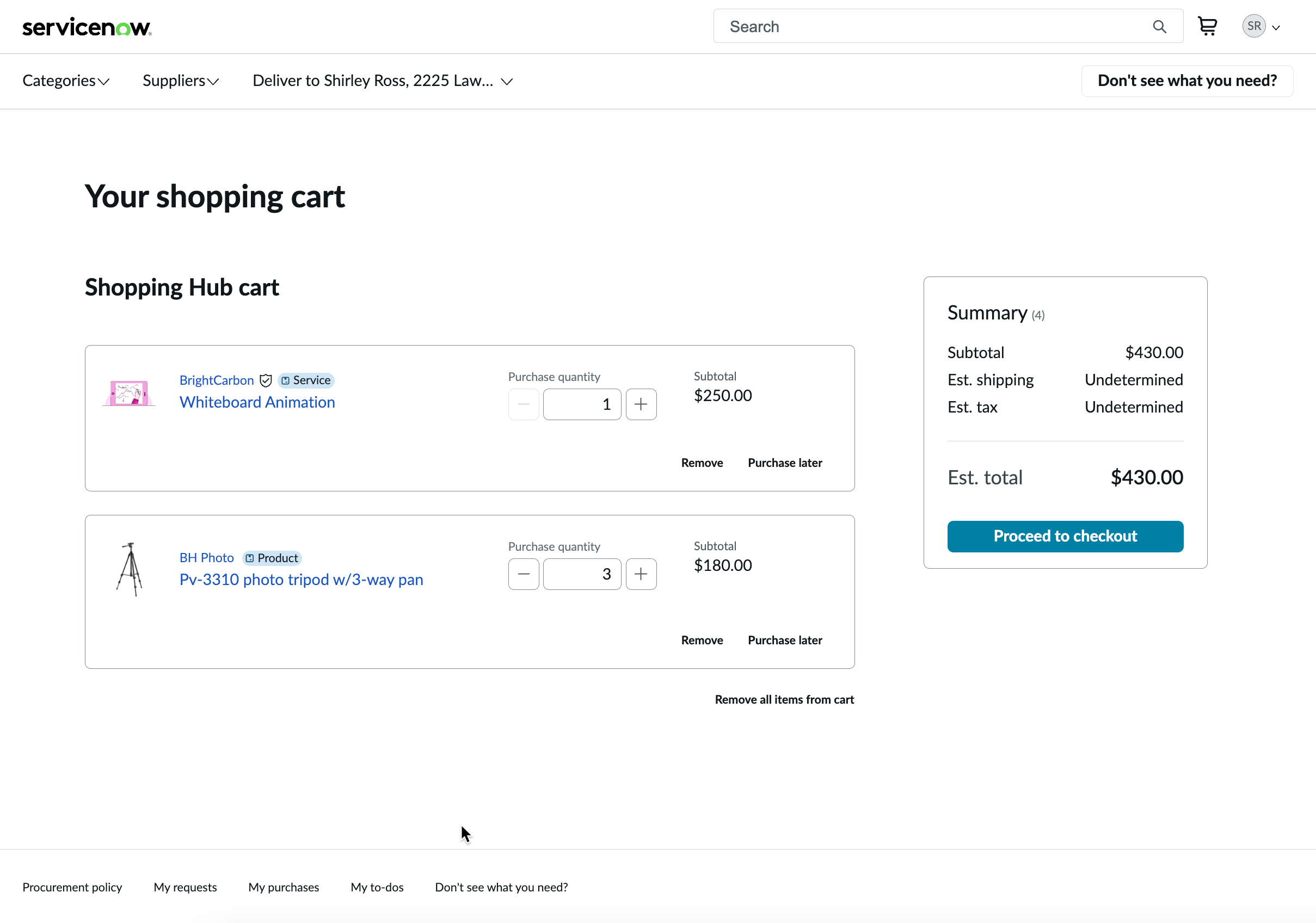 Shopping cart showing selected products and purchase quantities.