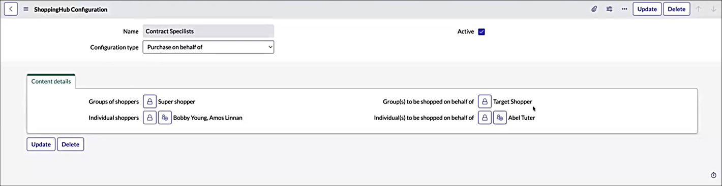 ShoppingHub Configuration form with "Purchase on behalf of" selected as configuration type.