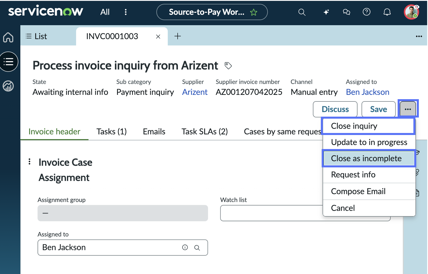 Close an invoice inquiry case