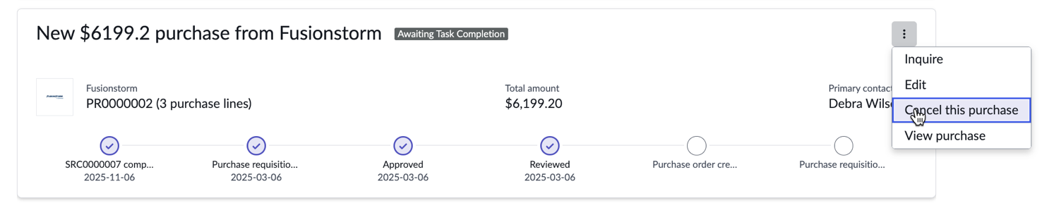 Canceling a purchase from the More options menu of a purchase line.