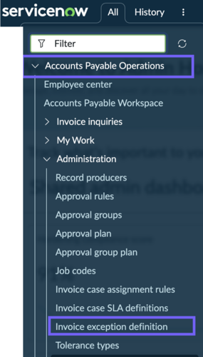 Navigate to Invoice exception definition