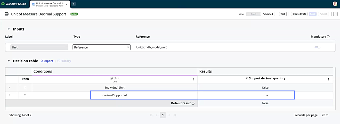 Unit of Measure Decimal Support decision table with decimalSupported condition set to true.