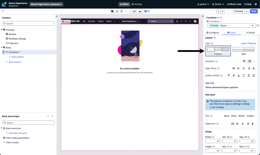 구성 패널 스타일 탭의 Flexbox 옵션을 가리키는 화살표입니다.