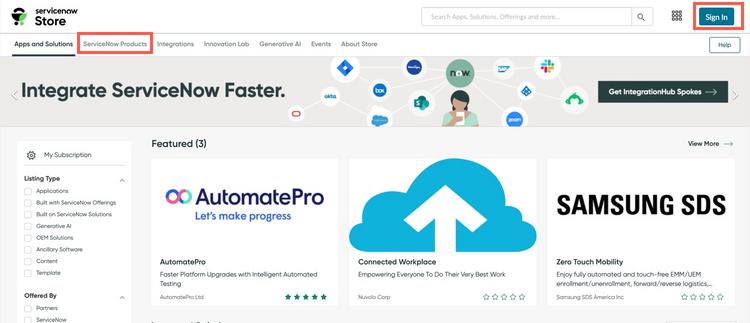ServiceNow Store 제품 및 로그인