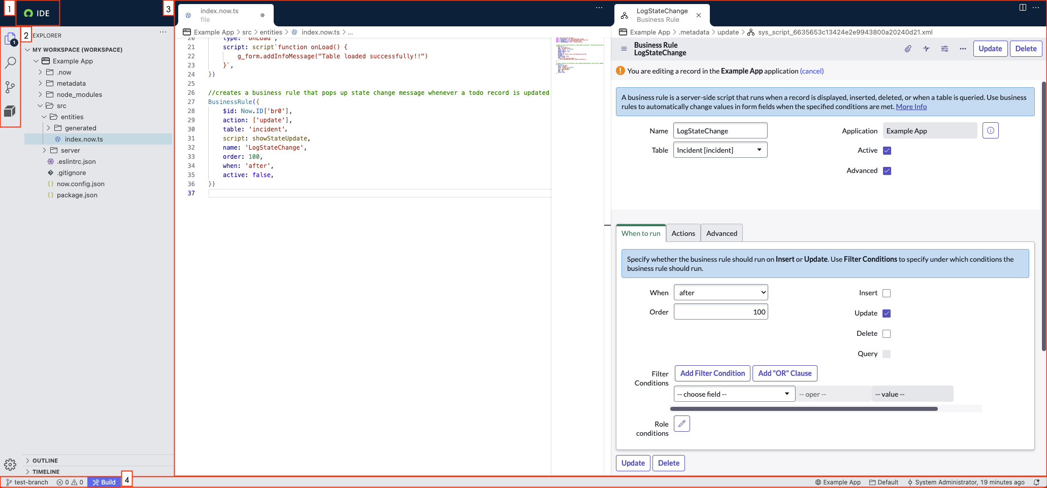 에서 ServiceNow IDE기능을 식별합니다.