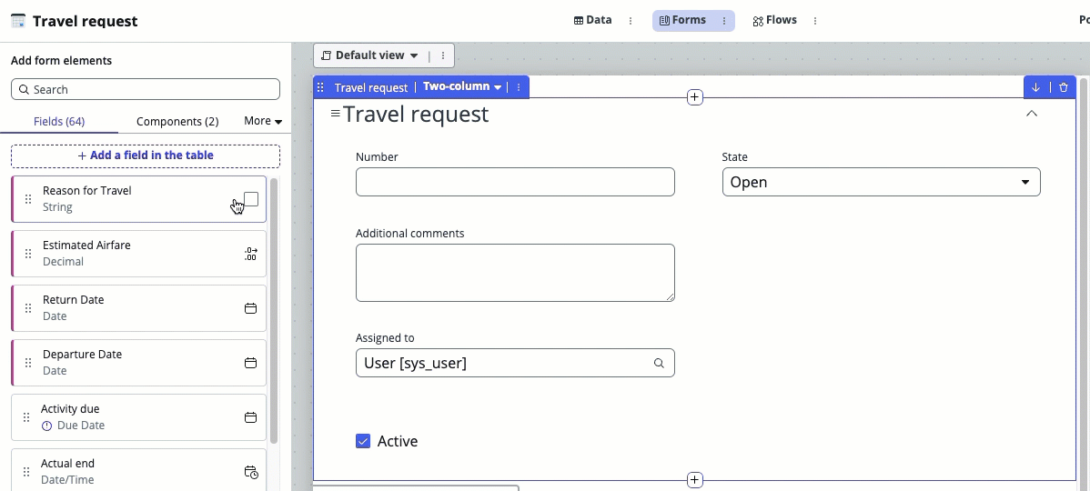 Select the fields that you want to add to the table by selecting the check mark next to each field. Then drag the selected fields into the Default view panel.