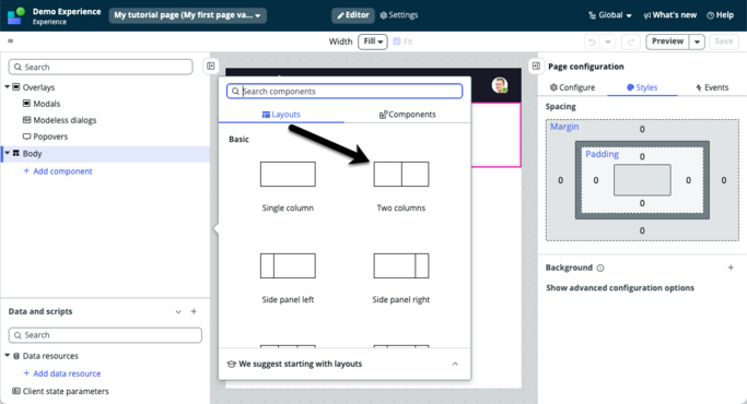 Arrow pointing to the two columns layout in the toolbox.