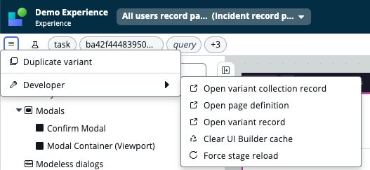 Menu showing Developer edit options such as open variant collection, open page definition, and open variant record.