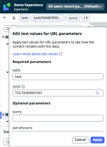 Edit test values for URL parameters popup displayed with required and optional parameter fields.