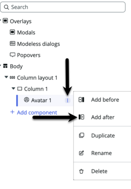 In the content tree, an arrow pointing to the open menu icon for the avatar component and a second arrow pointing to the add after option in the floating menu.