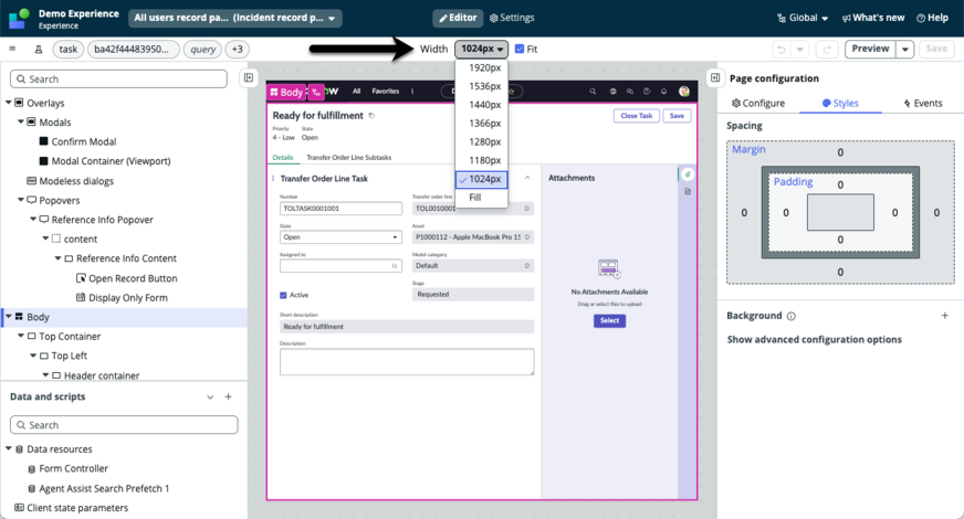 Width drop-down to resize the page builder window to a specific number of pixels.