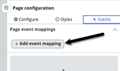 Configure panel with events tab displayed and black arrow pointing to add event mapping option.