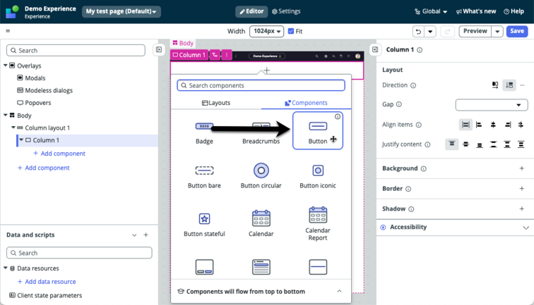 Components tab with arrow pointing to Button component.