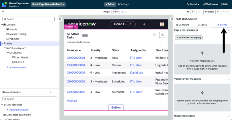 Configuration panel with the Events tab.